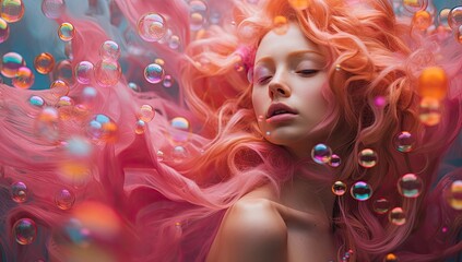 Charming portrait of a young woman surrounded by pink fluffy bubbles