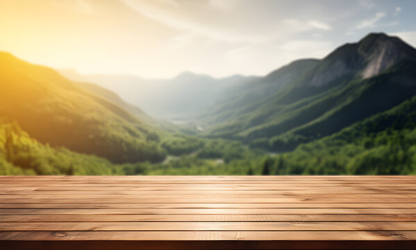 Empty wooden table light brown wood texture Blurred background, natural view Flower garden and blurred mountains