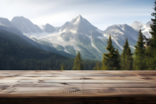 Empty wooden table light brown wood texture Blurred background, natural view Flower garden and blurred mountains