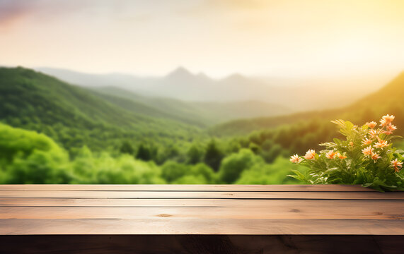 Empty wooden table light brown wood texture Blurred background, natural view Flower garden and blurred mountains