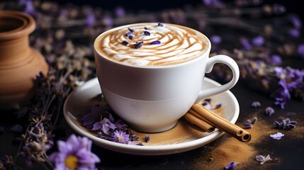 Lavender latte coffee with almond milk in a white cup, surrounded by fresh lavender herb flowers - obrazy, fototapety, plakaty