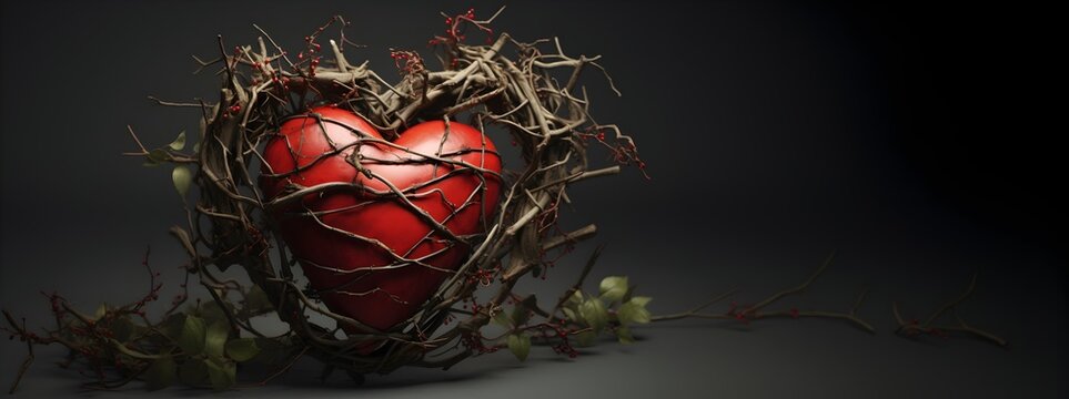 Conceptual image of a heart-shaped figure made from sharp red thorns, symbolizing painful love