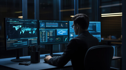Fototapeta premium Analyst at work with multiple screens in dark room.