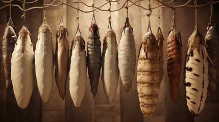 Assorted chrysalises hanging in preparation to hatch.