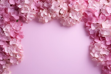 Obraz premium Hydrangea flower frame on pink background. Generative AI