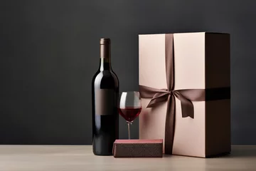 Gardinen Box with bottle of wine, glass and gift card on dark background, horizontal © Yulia