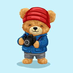 Cute teddy bear cartoon character holding camera. Vector illustration