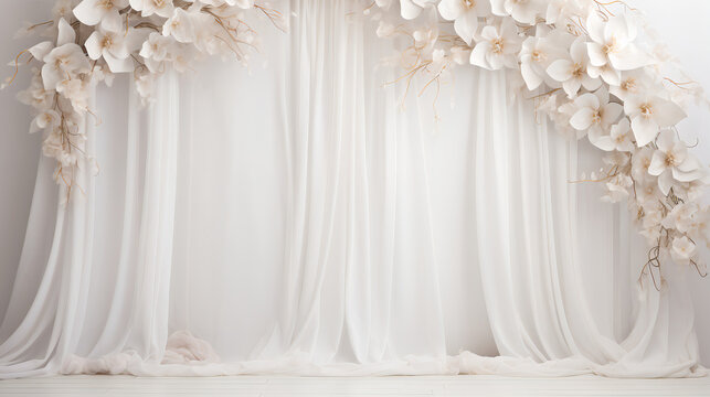 wedding backdrop with white curtain and white flower