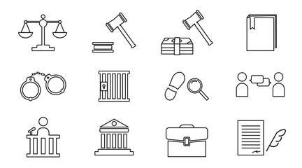 Trial and law icon set, trial, law, advocacy, outline set, - obrazy, fototapety, plakaty