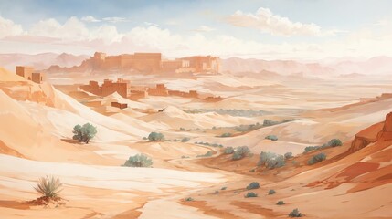 水彩画背景_世界旅行_モロッコ_砂漠の景色_01