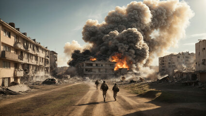 Burning ruins of destroyed houses in city from bombs or missile attacks. A typical modern armed conflict - 684093140