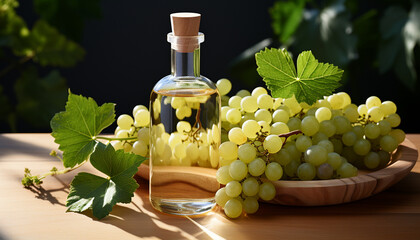 Golden grape oil in glass pitchers with fresh grapes on a wooden board.