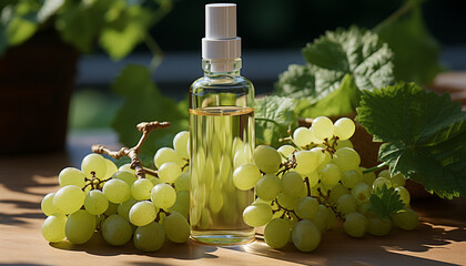 Grapeseed oil in a clear bottle with fresh green grapes on a wooden table.