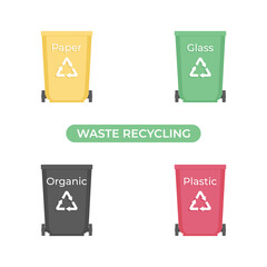 Recycle waste, trash baskets set. Banner, poster for waste recycling. Flat, vector illustration. Environment save, protection, care concept.