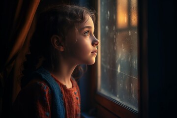 Girl window makes wish in rainy day. Home shiny success visualize. Generate Ai