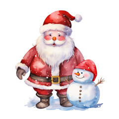 Santa Claus and snowman watercolor illustration on a transparent background