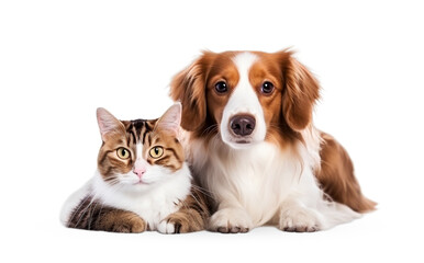 A dog and a cat lie together on the background.