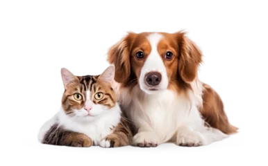 Fotobehang A dog and a cat lie together on the background. © Svetlana Rey