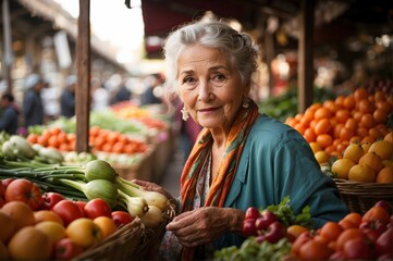 Portrait of beautiful elderly woman selling vegetables and fruits at farmers market, self employment, lifestyle background - obrazy, fototapety, plakaty