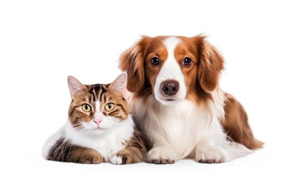 A dog and a cat lie together on the background. - Powered by Adobe