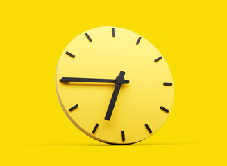 3d Yellow Round Wall Clock 6:45 Six Forty Five Quarter To 7 On Yellow Background 3d illustration