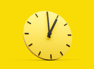 3d Simple Yellow Round Wall Clock 1 O'Clock One O'clock On Yellow Background 3d illustration