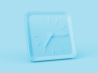 3d Simple Blue Square Wall Clock 7:15 Seven Fifteen Quarter Past 7 Blue Background, 3d illustration