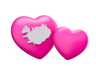 3d Shiny Pink Hearts With 3d White Map Of Iceland Isolated On White Background, 3d illustration