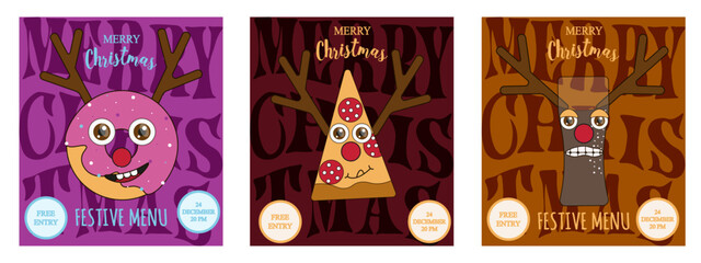 Set Christmas festive Street Food posters design. Collection template holiday menu cover. Creative pizza, donut, glass of soda with reindeer horn. Vector illustration for web, social media and print