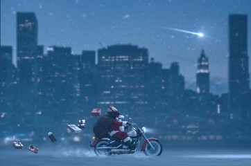 Contemporary Santa Claus riding a bike in New York City streets