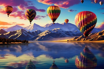 Obraz premium Colorful hot air balloons flying over the beautiful landscape of nature