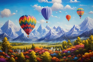 Colorful hot air balloons flying over the beautiful landscape of nature - obrazy, fototapety, plakaty