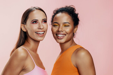 Model woman race together skin two beauty mixed make-up