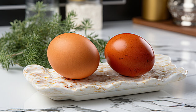 Three speckled brown eggs in a ceramic holder on a marble countertop with fresh herbs.