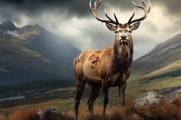 Majestic stag against backdrop of rugged mountain terrain under stormy sky. Nature and wildlife.