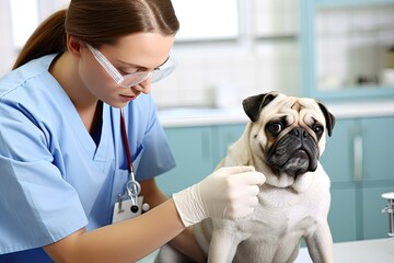 Veterinarian in blue uniform closely inspects dog in medical environment. Animal healthcare.