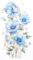 Fototapeta na wymiar Hand Drawn Watercolor Blue Flower White Background. Generative AI
