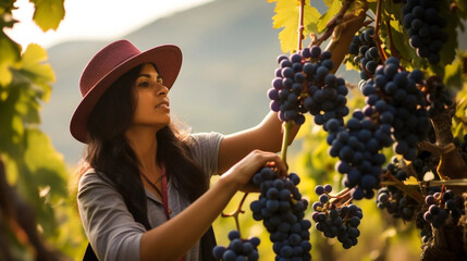 copy space, stockphoto, peruvian woman picking grapes in a vineyard. View of a beautiful latin...