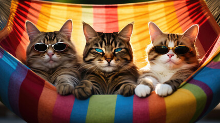 three cats wearing sunglasses sitting in hammock
