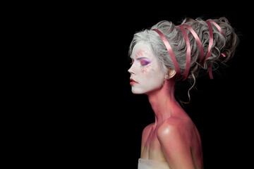 Cute creative fashionable carnival model woman blonde, fashion beauty studio portrait