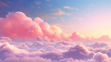 Beautiful cloudscape with blue sky and pink clouds, Pink clouds in the sky stage fluffy cotton candy ,summer paradise dreamy concept. - obrazy, fototapety, plakaty