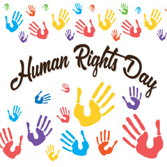 Human right day concept. International peace. Different skin colors hands raised on banner with confetti. Equality awareness icon. Freedom symbol. Cartoon flat on white background.Vector illustration.