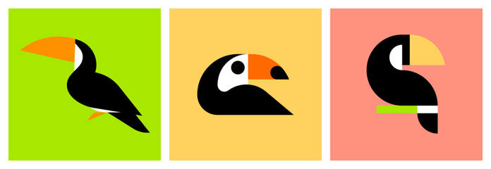 Toucan. Elegant vector logo mark template or icon of black tropical bird sitting on a branch