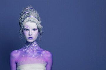 Gorgeous creative fashionable carnival model woman blonde, fashion beauty studio portrait