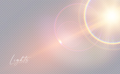 Rainbow sunshine and bokeh light effect. Dispersion of beam. Sun light effect for immersion in atmosphere.