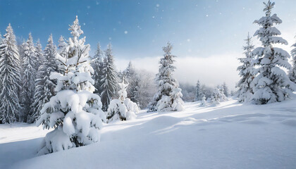 Fototapeta na wymiar Beautiful landscape with snow-covered fir trees and snowdrifts. Merry Christmas and Happy New Year greeting background with copy-space. Winter fairytale.