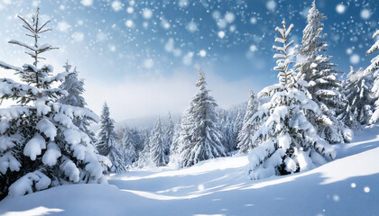 Beautiful landscape with snow-covered fir trees and snowdrifts. Merry Christmas and Happy New Year greeting background with copy-space. Winter fairytale.