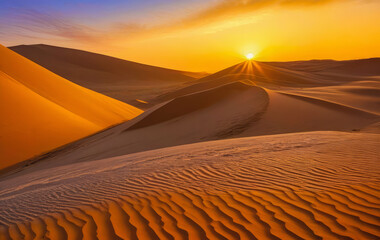 Tranquil Desert Landscape at Sunset with Orange Sky and Sand Dunes. AI Generated