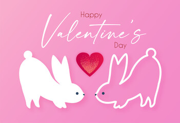 Happy Valentine's day congratulation card template with cute rabbits in love. Expression of tender feelings.