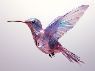 Colourful crystal hummingbird isolated on clean background with shiny reflection 
